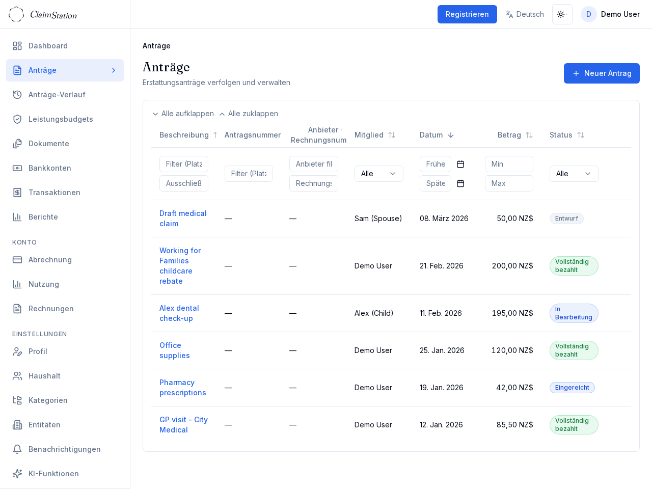 ClaimStation Ansprüche-Liste